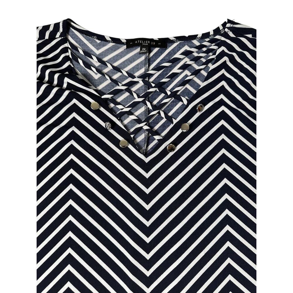 Atelier 29 Women’s Blue White Stripes Top Criss Cross Chest Straps Stretch Sz 2X